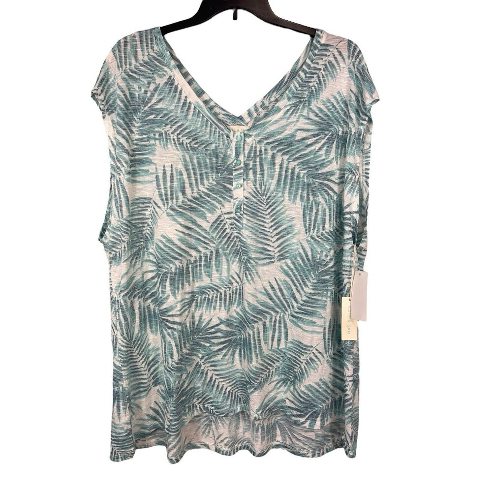 Kate & Sam 3X Sage Green Palm Leaf Henley Vneck Top NWT Sleeveless Soft Stretch